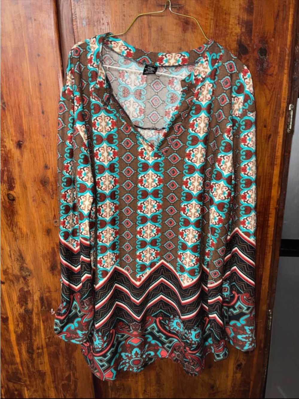 WinWin Brown & Teal Patterned Boho V-Neck Tunic